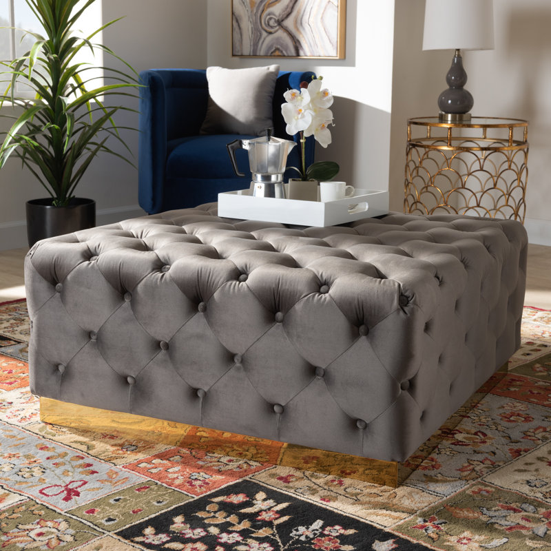 90cm Wide Velvet Tufted Square Solid Colour Cocktail Ottoman, Grey
