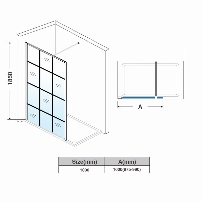 Walk in Shower Enclosure with 8mm Half Frosted Easy Clean Safety Glass, 990 mm