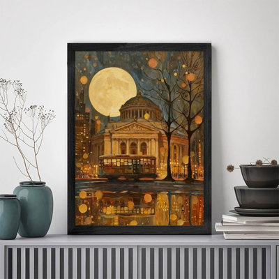 Black Framed Vintage Tram Cityscape Wall Art - Moonlit Neoclassical Building & Urban Night Wall Decor with Nostalgic Aesthetic Style Framed Prints