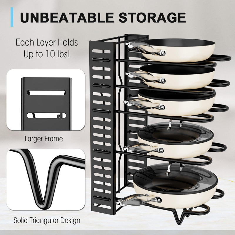 Support pour casseroles et poêles pour armoire - Support réglable à 8 niveaux pour ranger et casseroles sous l'armoire - parfait pour les casseroles, les poêles et les couvercles