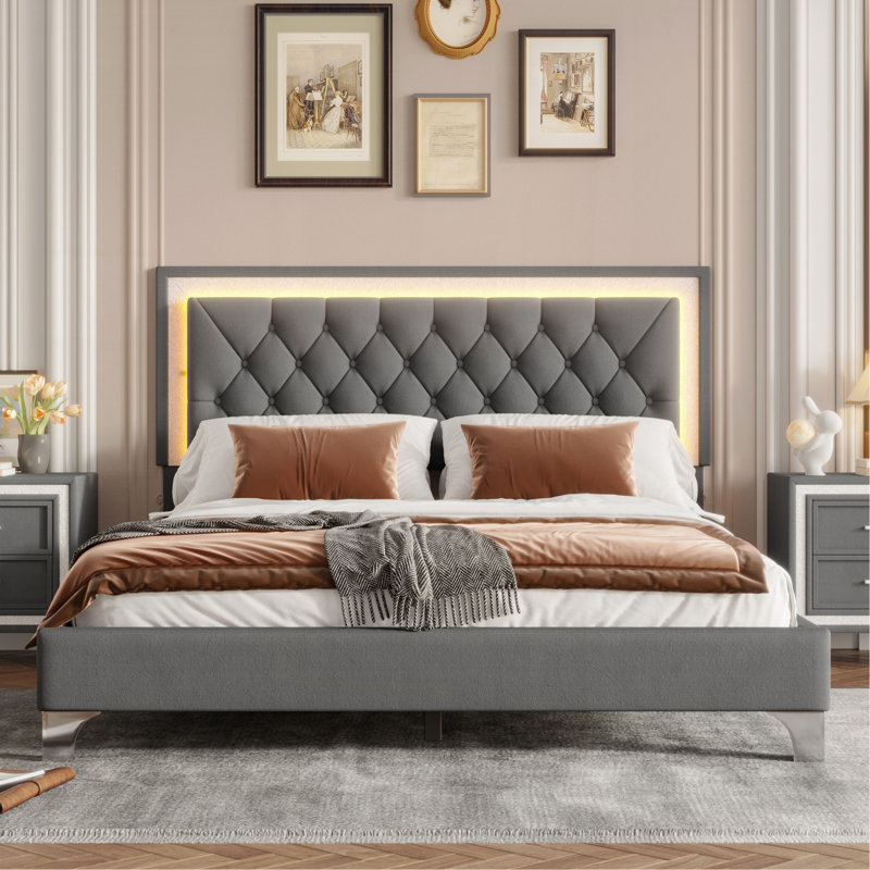 Queen Size Upholstered Bed Frame With LED Lights,Modern Velvet Platform Bed With Tufted Headboard, Gray