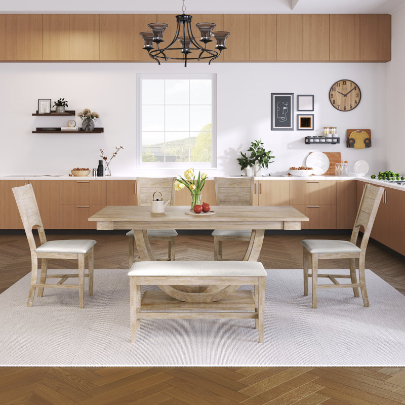  Ensemble de 6 tables de salle à manger en bois 6 pièces avec banc long et 4 chaises, style moderne