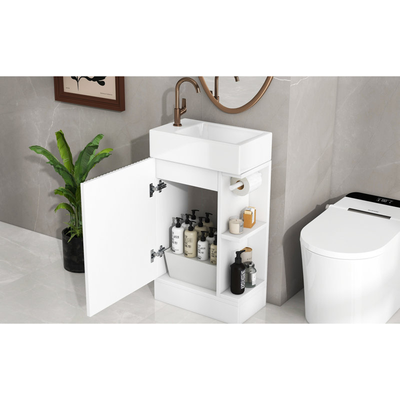 Meuble-lavabo 18,6 po avec lavabo, armoire blanche, tablette en céramique et porte-papier hygiénique, montage à gauche ou à droite Modern & Position Choice Plus