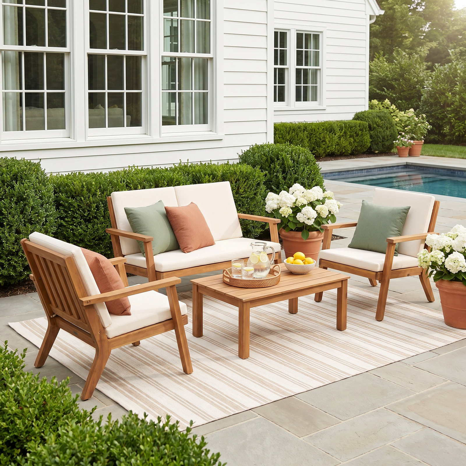 Channing Acacia 4 - Person Patio Conversation Set with Cushions, Brown Patina, Cream