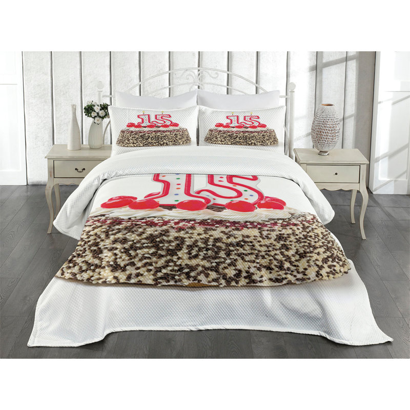 Ambesonne Birthday Bedspread Set 3 Pcs Cherry Cake Candles King Multicolor