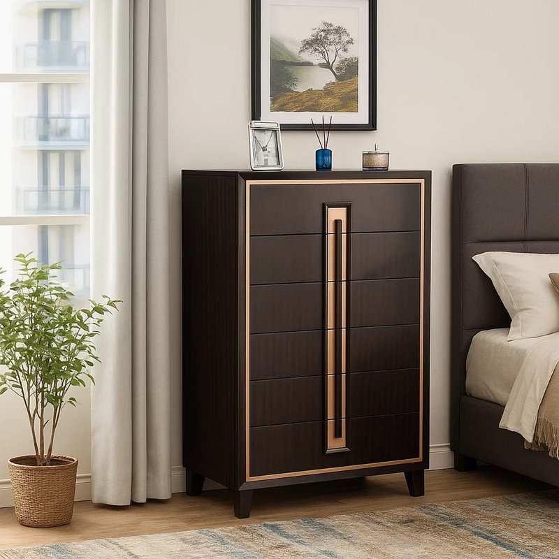 Commode haute Yada, 5 tiroirs, brun espresso, or
