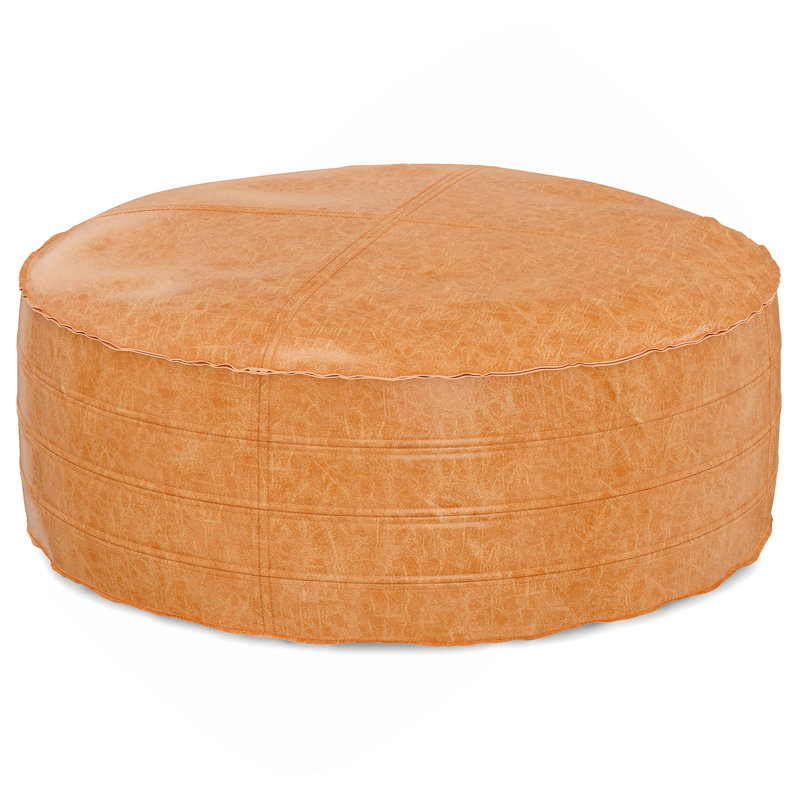 Pouf rond en cuir végétalien brun vieilli Brody, 14" H x 32" W x 32" D