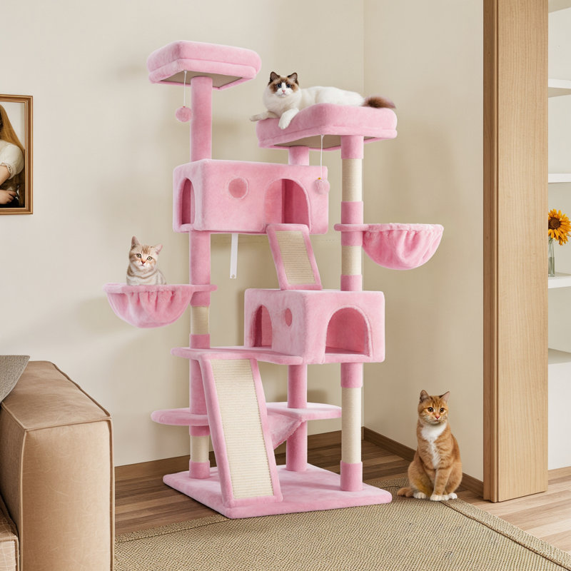 Arbre à chat avec poteaux à griffes et poteaux à griffes 65,7 po H inclus avec plateformes et hamac, Rose