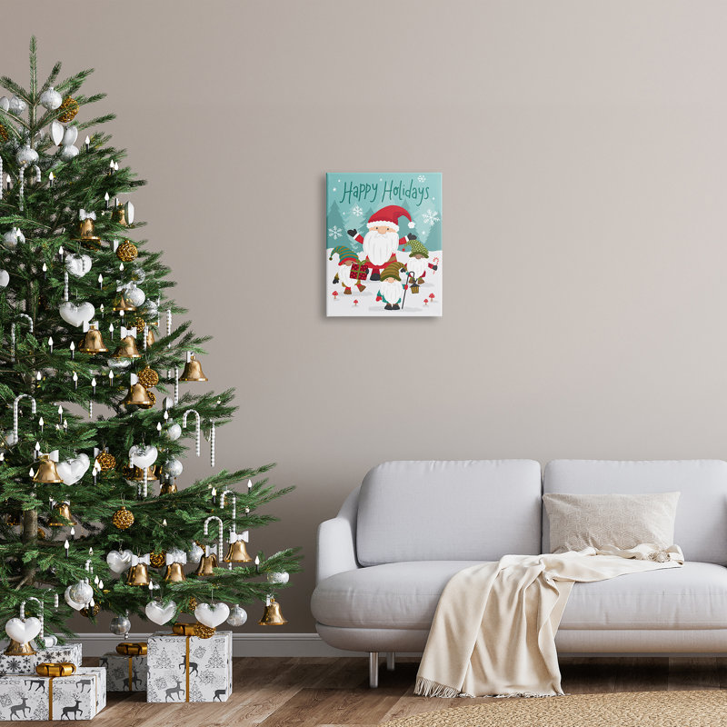 Joyeuses fêtes «Santa Claus Snowy Forest Gnomes» par Lisa Perry White boutons - impression, H 20 po x l 16 po, Toile tendue
