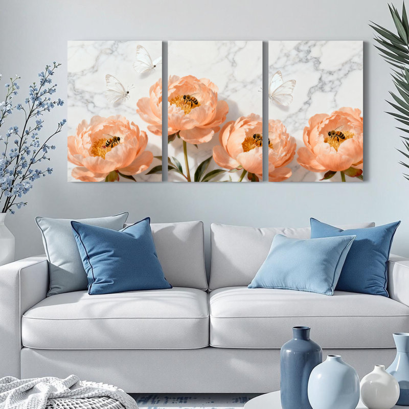 Ensemble de 3 tableaux sur toile tendue, motif pivoines et papillons sur fond marbré, pour la décoration du salon et de la chambre.