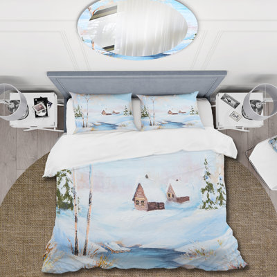 Winter Landscape Frozen River In The Forest - Ensemble de housse de couette Lake House - Microfibre de polyester