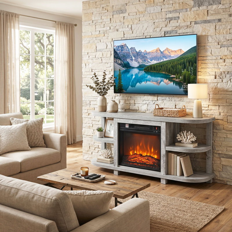 48" TV Stand With 18" Insert Electric Fireplace And Open Storage Shelves Media Console For Tvs Up To 55", Light Gray