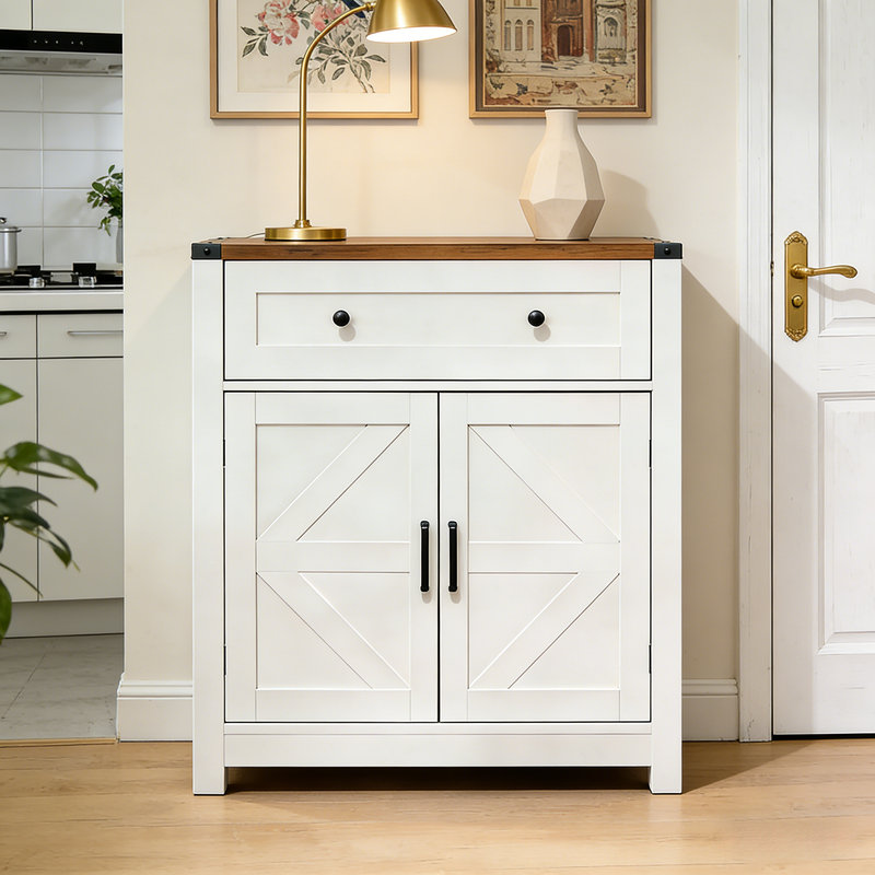 Farmhouse Barn-Door Storage Cabinet, Coffee Bar Buffet Sideboard With Drawer For Kitchen, Living Room & Dining Room