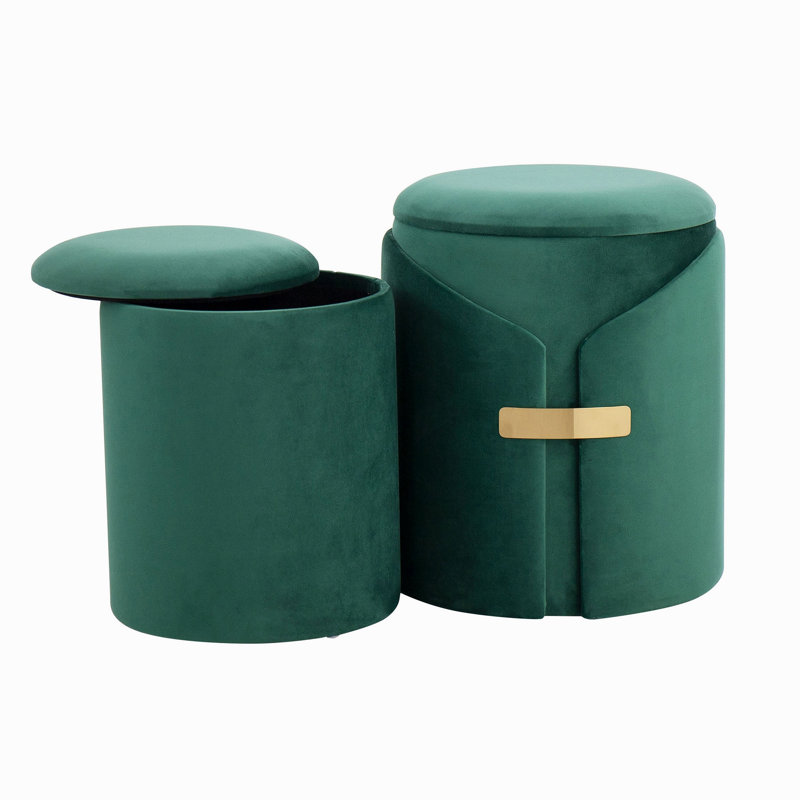 Contemporary Nesting Ottoman Set In Green Velvet With Gold Metal Accent Pieces, Green