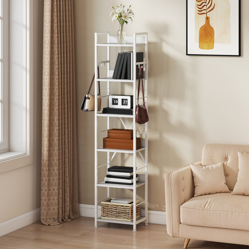 17 Stories 6-Tier Floor Standing Bookcase With 4 Hooks, White