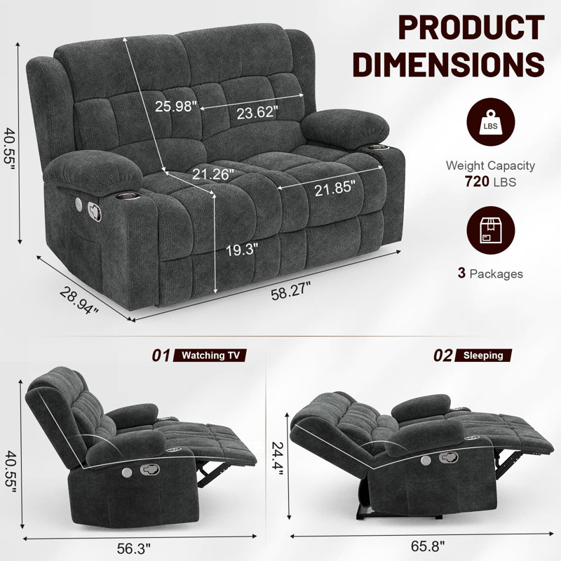 Loveseat Recliner Sofa, Fabric Manual Pull Tab Reclining Loveseat with USB Charge Ports, Cup Holders, Recliner Love Seat Couches for Living Room, RV,