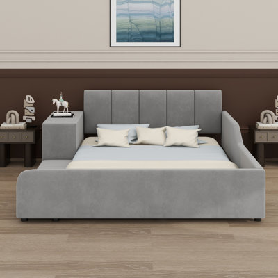 Upholstered Grounded Bed, Mother & Child Bed With Bedside Desk And Little Round Stool