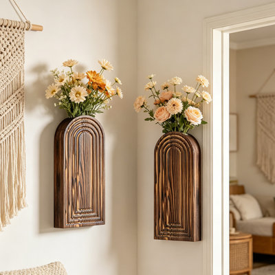 Paquet de 2 pots de fleurs suspendus Boho - Vases muraux en bois naturel pour plantes d'intérieur et fleurs, décoration murale de ferme pour salon, chambre à coucher, salle de bain, patio