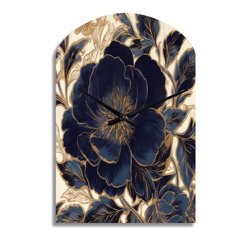 Blue Gold Peonies Celebration IV - Arch Shape Large Blue Wall Clock Sculpture, Grand