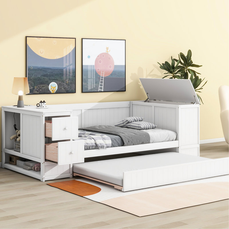 White Twin Daybed With Storage Shelves, Trundle & Charging Ports - Frame Size Areas, Wood, White