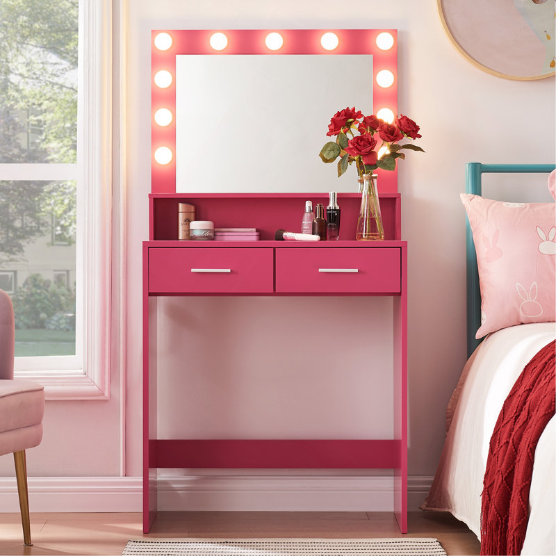 Vanity Desk With Mirror And Lights, Dressing Table With Large Drawer, 2 Level Storage Dresser 3 Lighting Modes Adjustable Brightness