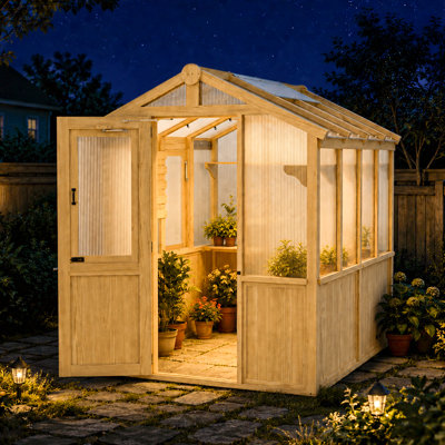Serre à accès naturel en cèdre naturel, serre d'extérieur 6,7 pi x 7,8 pi x 7,7 pi avec panneaux en polycarbonate, évent de toit, tablette pliable