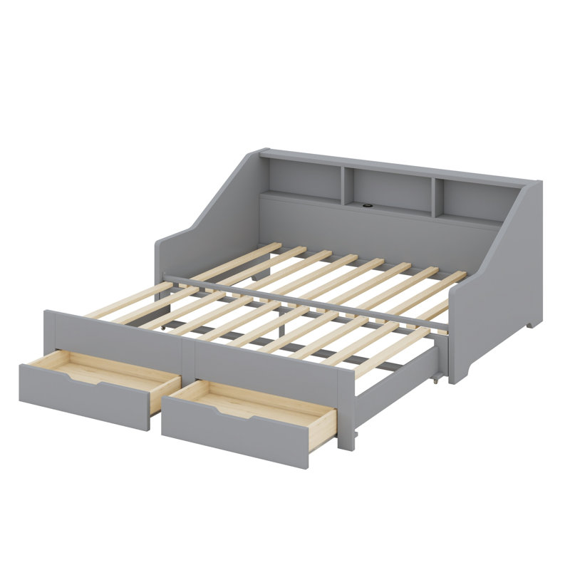 Daybed Featuring Storage Bookcases, Two Drawers and Built-in Charging Design, Gray
