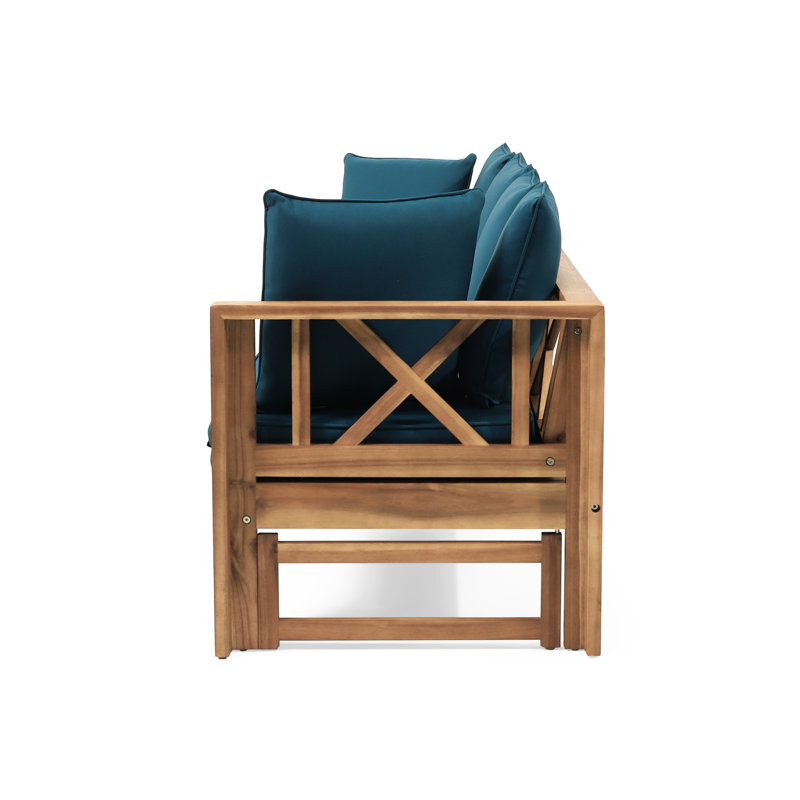 Lit de jour extensible Rustic Long Beach, fabriqué en bois avec coussins de siège rembourrés de tissu d'ameublement
