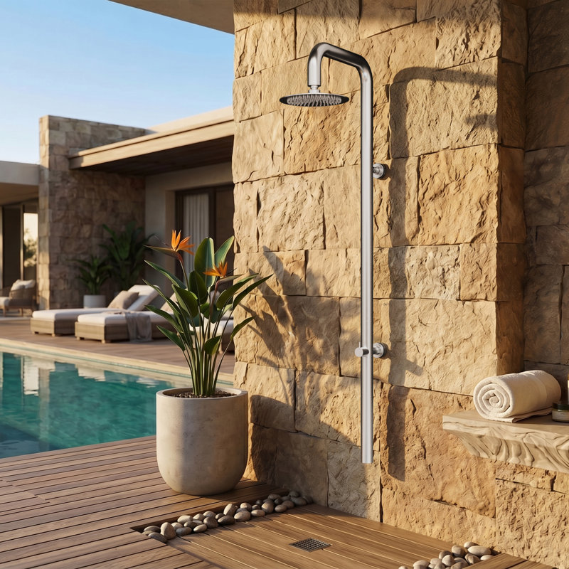 Douche d'extérieur murale robuste en acier inoxydable H 63 po 63 po, Nickel brossé