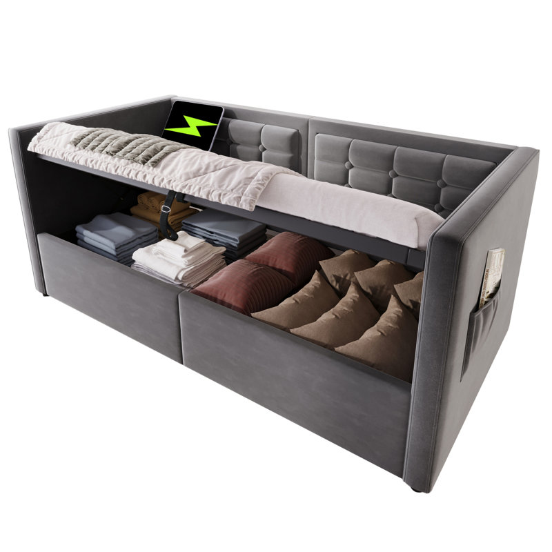 Lit de jour rembourré avec ports et poches USB, Gris