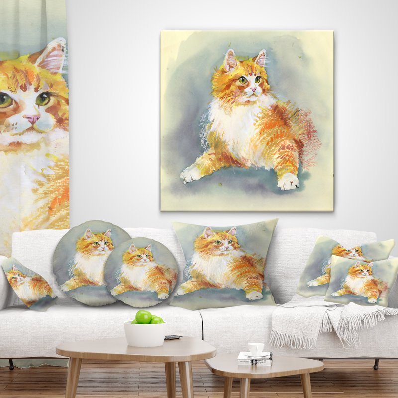 Chat aquarelle dessiné à la main - coussin imprimé animal, 16 po x 1 po, Coussin décoratif