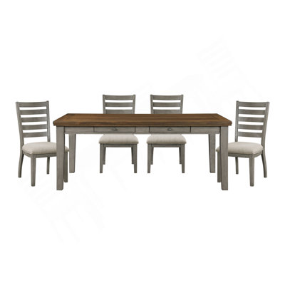 Gray Finish Traditional Style 5Pc Dining Set Drawers Table And 4X Side Chairs Ladder Back Design Wooden Furniture