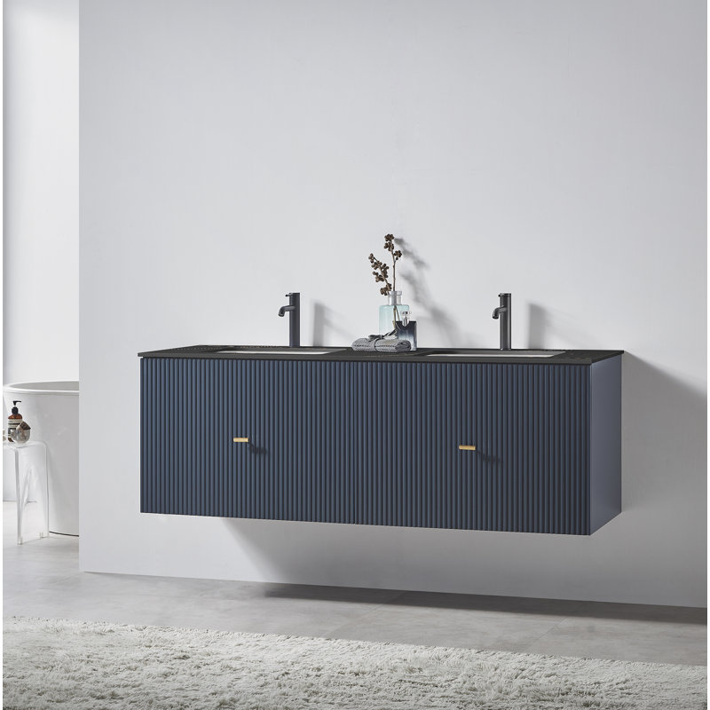 Meuble-lavabo mural moderne Jamell, Bleu très foncé, Noir