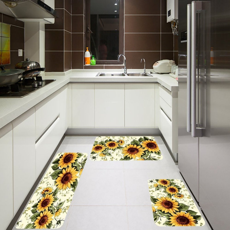 Ensemble de 3 tapis de cuisine à motif de tournesol crème