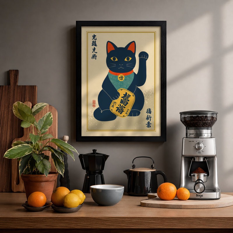 Beckoning Fortune Cat Japandi - Framed Print, A1 - 84.1 x 59.4 cm, Black