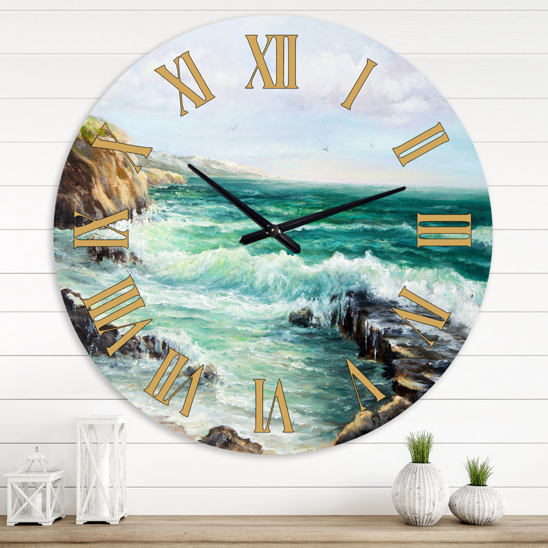 Cliff donnant sur les vagues sauvages de l'océan - horloge murale nautique et côtière, Grand