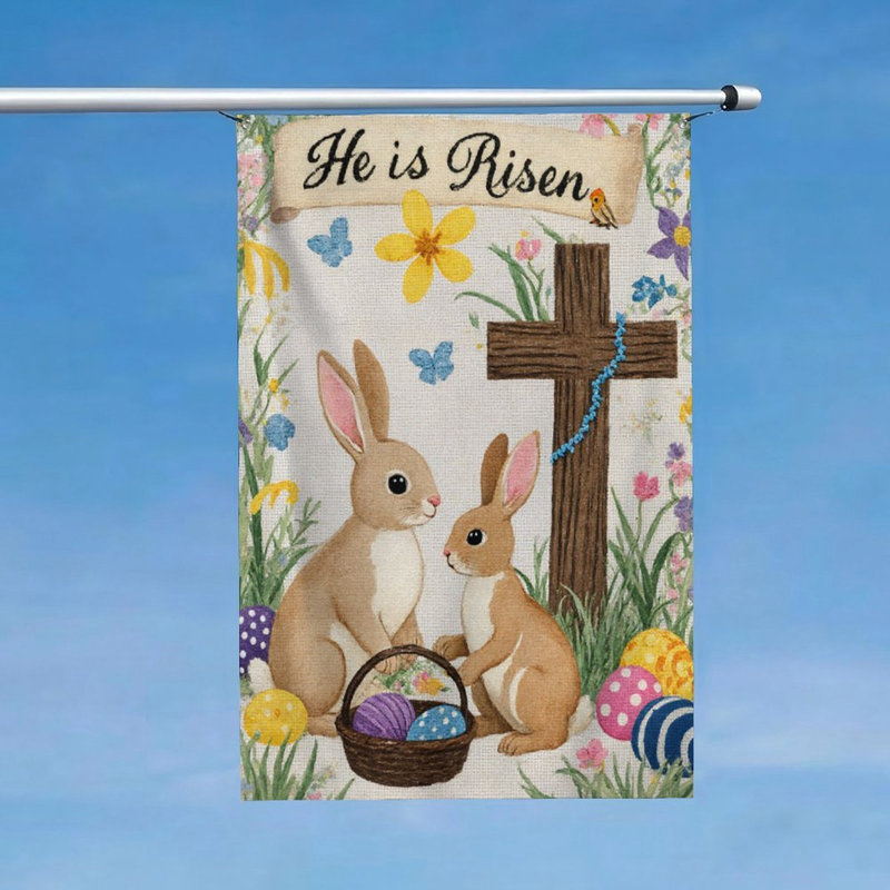 Drapeau He Is Risen Cross Bunnies, 70 x 47 po, pour la décoration intérieure