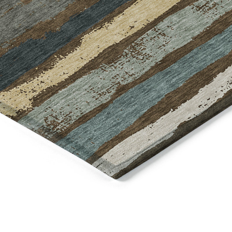3' X 5' Brown Beige And Green Striped Washable Indoor Outdoor Area Rug