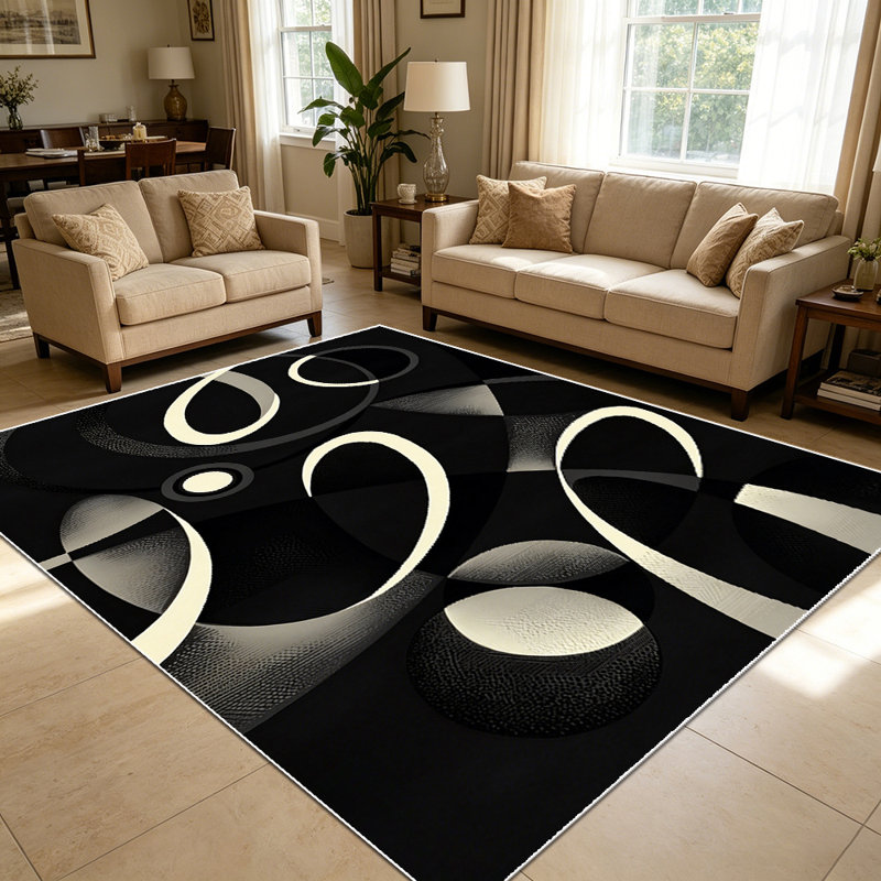 1PC Modern Abstract Black and Beige Geometric Circular Swirl Pattern area rugs for Living Room, Soft and Comfortable, Suitable for all seasons, easy-to-maintain, machine washable Indoor floor mat, Under Table Farmhouse suitable for dining table,