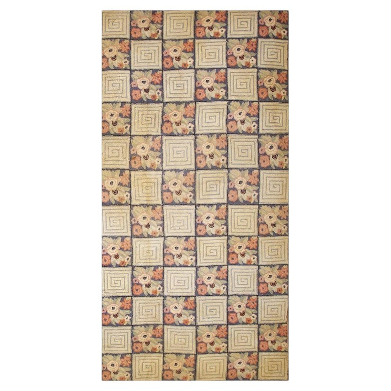 1880s Rustic Blue Ground Modern Geometric Folk Art Antique American Hooked Rug