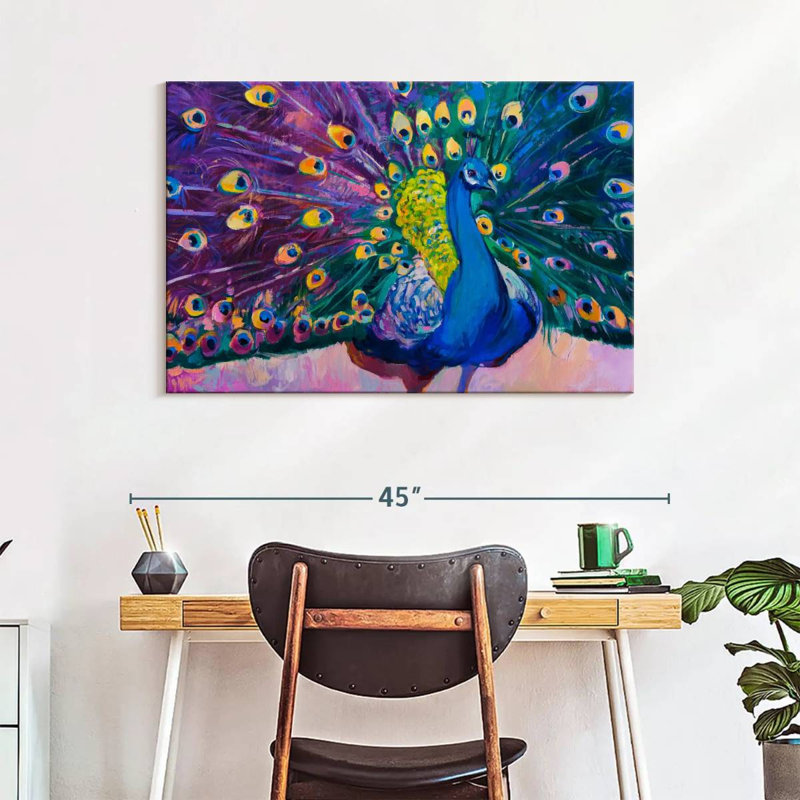 Paon éblouissant sur toile, H 26 po x l 39 po x P 1,25 po