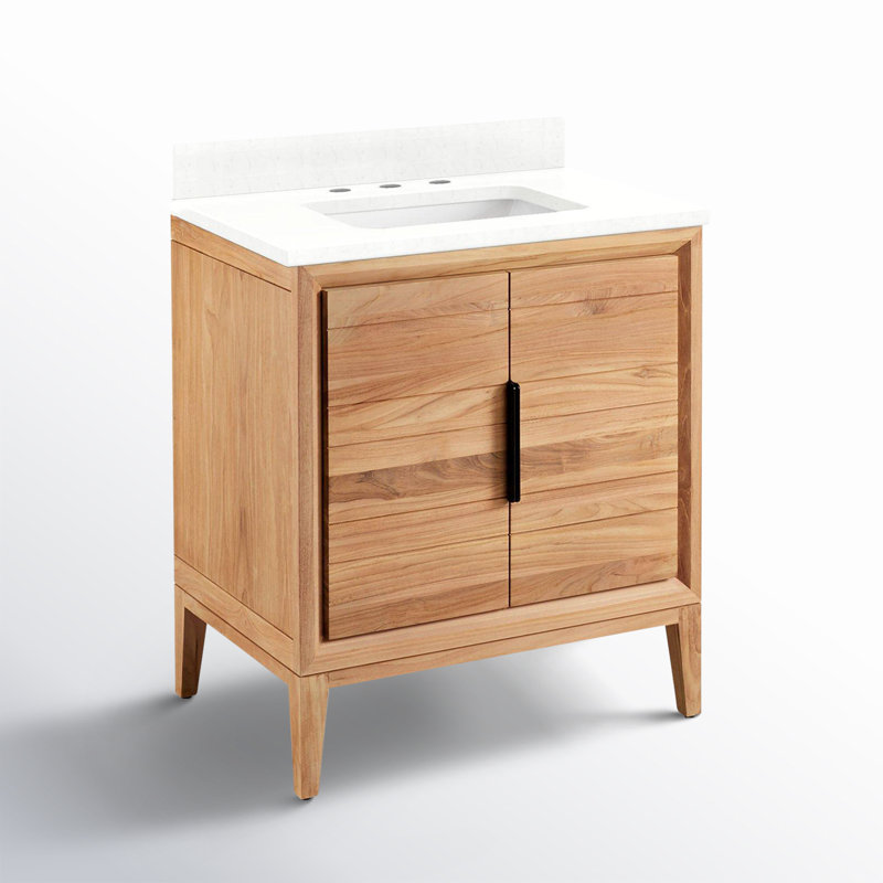 30" Aliso Single Bathroom Vanity Set with Rectangular Undermount Sink, 8" Widespread, Feathered White Quartz, Natural Teak