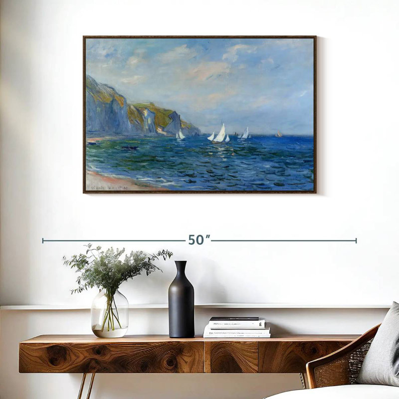 Falaises et voiliers à Pourville, 37 po x 25 po, Cadre flottant en noyer