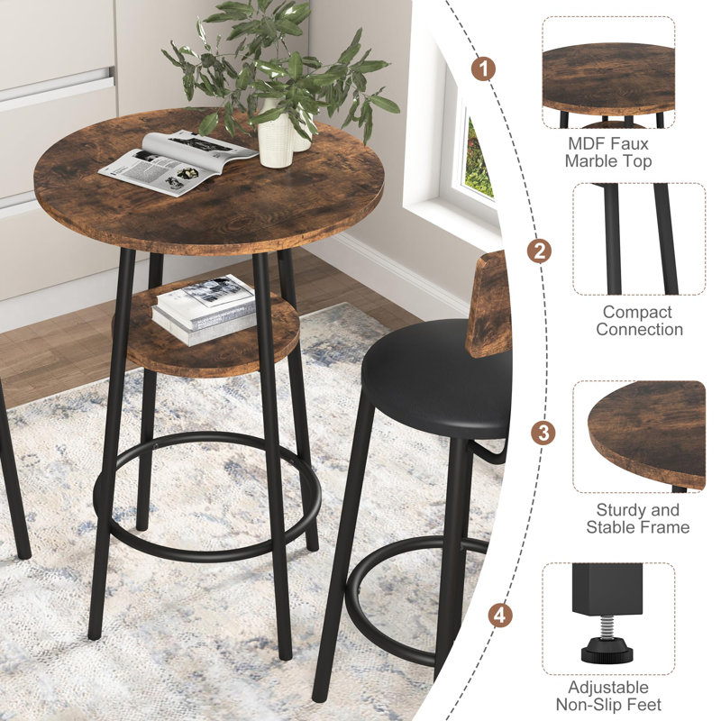 Rustic Brown Round Bistro Bar Table Set with Black Iron Frame