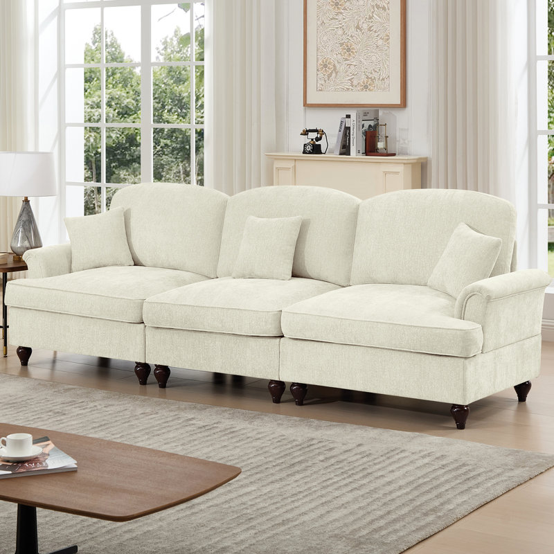 Élégant siège à 3 places avec dossier à coussin incurvé, jupes évasées et détachables, style Mid-Century en chenille blanche beige, coussin décoratif confortable, dossiers multiples en forme de fleur confortable