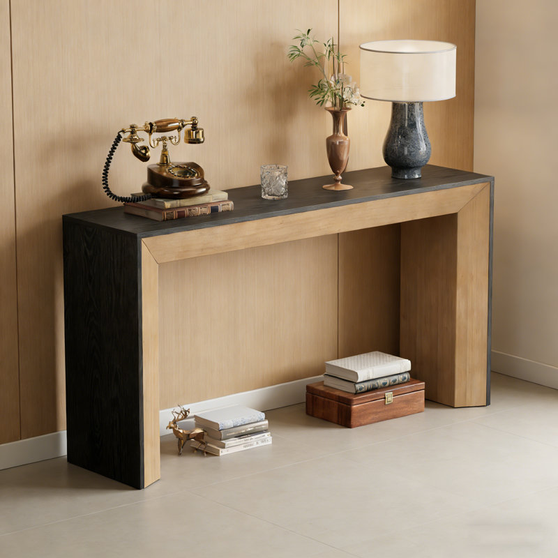 59" Wood Console Table with High-Quality Wood Veneer Top  for Hallway, Living Room, or Entryway, Black/Natural