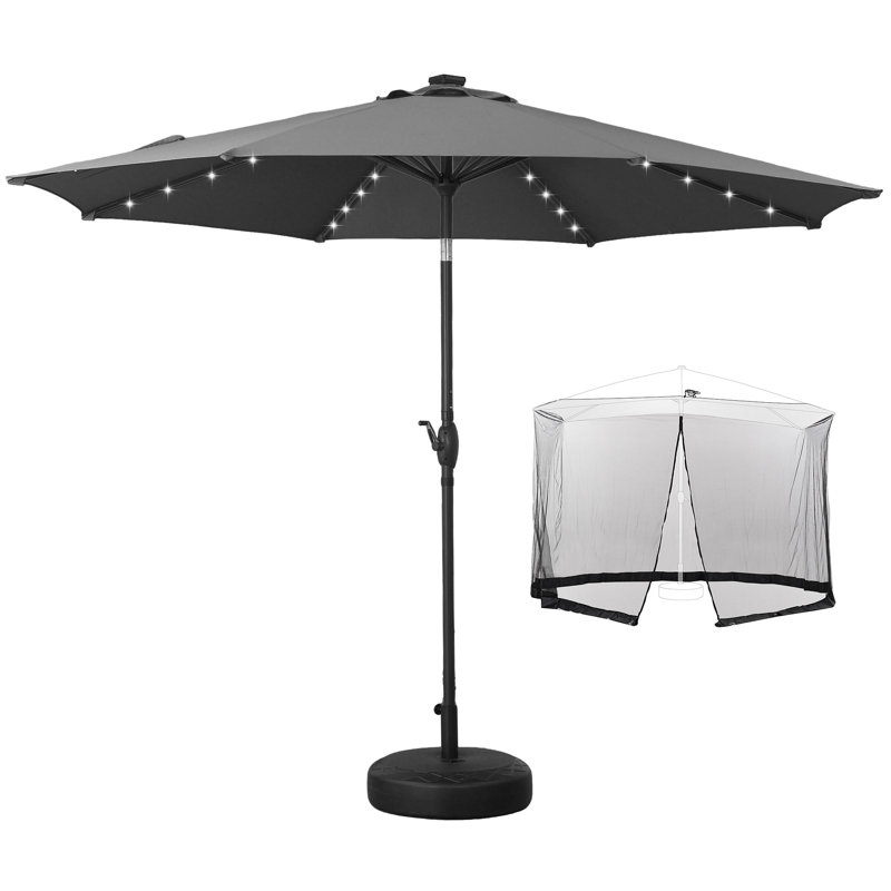 Parasol de terrasse de 3 m avec éclairage, base et moustiquaire., Gris