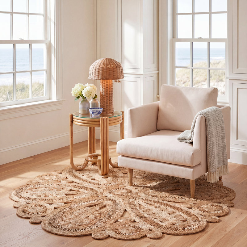 Amberboi Natural Fiber Hand Woven Jute Floral Rug, Round 6'