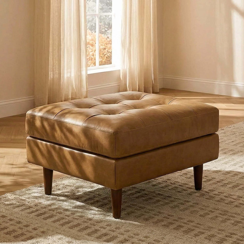 Repose-pieds capitonné en cuir véritable 30 po Geo, Brun