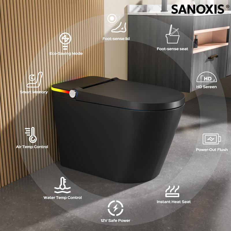 Toilette Sanoxis ADA Smart avec couvercle à ouverture / fermeture automatique, laveuse de bidet sans réservoir, siège chauffant, chasse automatique / sèche-linge à 1,28 gallon par gallon, laveuse / sécheuse à chaleur douce, désodorisant et télécommande